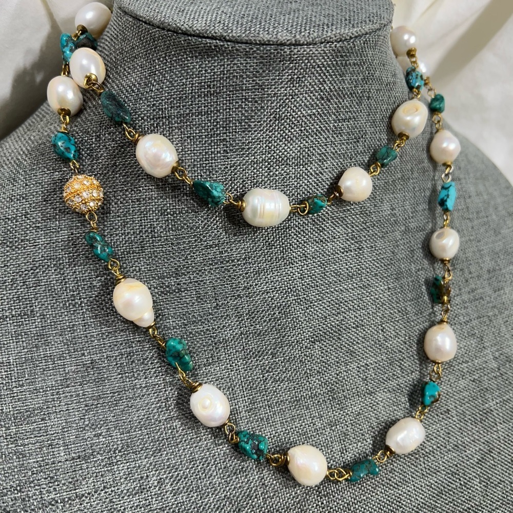 Fresh Water Pearls with Turquoise Nuggets Wire Wrapped with copper wire☑️